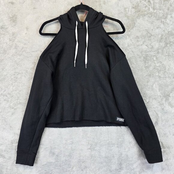 PINK Victoria's Secret Hoodie Womens Small Cutout Cold Shoulder Cropped Love Pul - Picture 1 of 10